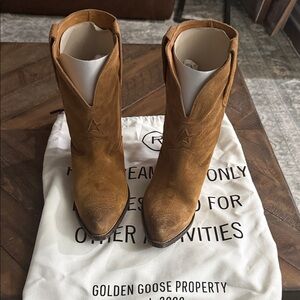 Golden Goose Tan Suede Western Mid-Heel Ankle Boots